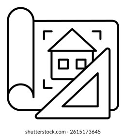 Project drawing thin line icon, construction plan concept. Vector graphics. Paper house project with ruler sign on white background, style mobile or design