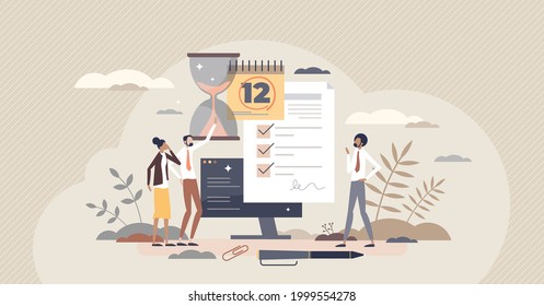 Project Duration As Time For Effective Work Development Tiny Person Concept. Schedule Organization And Planning To Forecast Necessary Time Resource Vector Illustration. Timeline In Calendar Report.