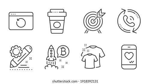 Project edit, Clean t-shirt and Recovery internet line icons set. Call center, Bitcoin project and Love chat signs. Takeaway coffee, Archery symbols. Settings, Laundry shirt, Backup info. Vector