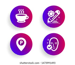 Project edit, Coffee cup and Parking icons simple set. Halftone dots button. Health skin sign. Settings, Hot drink, Park pointer. Clean face. Business set. Classic flat project edit icon. Vector