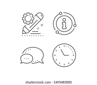 Project edit line icon. Chat bubble, info sign elements. Settings management sign. Pencil symbol. Linear project edit outline icon. Information bubble. Vector
