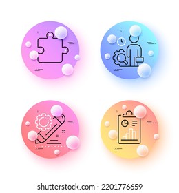 Project edit, Puzzle and Inspect minimal line icons. 3d spheres or balls buttons. Report icons. For web, application, printing. Settings, Puzzle piece, Work quality. Survey clipboard. Vector