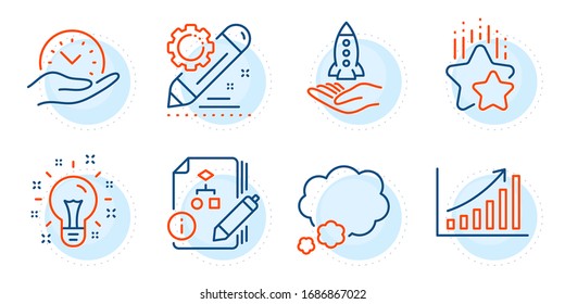 Project edit, Ranking stars and Talk bubble signs. Idea, Crowdfunding and Safe time line icons set. Graph chart, Algorithm symbols. Creativity, Start business. Education set. Outline icons set. Vector