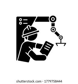 Projektingenieur schwarze Glyphe Symbol. Facharbeiter für die Schwerproduktion. Betriebsführung. Entwicklung von Maschinen. Silhouette-Symbol auf weißem Raum. Vektorgrafik einzeln