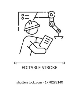 Project engineer pixel perfect linear icon. Professional worker for heavy production. Thin line customizable illustration. Contour symbol. Vector isolated outline drawing. Editable stroke