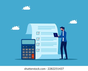 Project evaluation. Calculate budgets or invoices or taxes. Businessman with laptop estimating expenses from project document