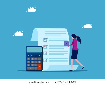 Project evaluation. Calculate budgets or invoices or taxes. Businesswoman with laptop estimating expenses from project document - Powered by Shutterstock - Get 15% off with code: PIKWIZARD15