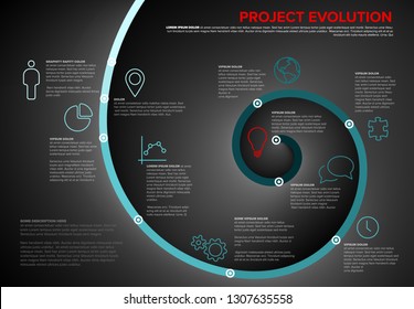 Project evolution timeline template with deep spiral model and icons dark teal color version