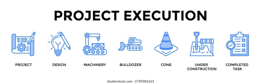 Project Execution Banner Web Icon Set Collection Pack Vector Illustration Concept For Project, Design, Machinery, Bulldozer, Cone, Under Construction, Completed Task