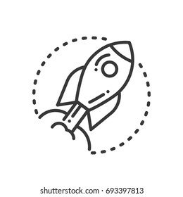 Project Execution - modern vector single line design icon. A black and white image depicting development process, a rocket flying to space. Metaphor of fast movement for presentation, promotion.
