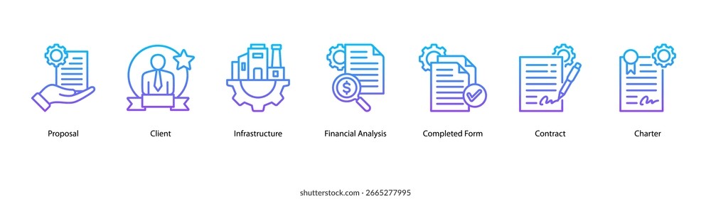 Ícone de vetor de banner da Web de execução do projeto ilustração com Proposta, Cliente, Infraestrutura, Análise Financeira, Formulário Concluído, Contrato e Carta.