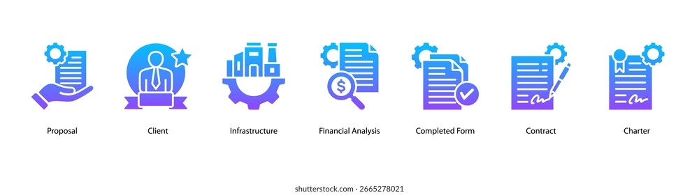 Ilustración vectorial de iconos de Anuncio de Web de ejecución de proyectos que incluye propuestas, clientes, infraestructura, análisis financiero, formulario completado, contrato y carta.