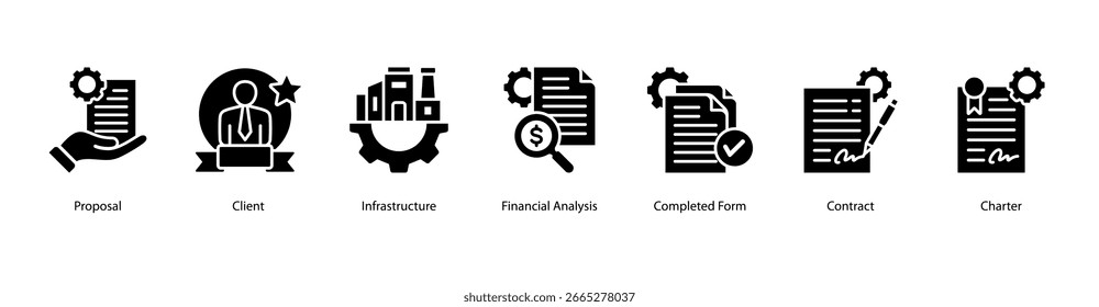 Ilustración vectorial de iconos de Anuncio de Web de ejecución de proyectos que incluye propuestas, clientes, infraestructura, análisis financiero, formulario completado, contrato y carta.