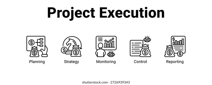 Project Execution web banner icon vector illustration concept , with icon of Planning, Strategy, Monitoring.