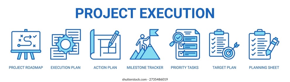 Project Execution web banner icon vector illustration concept with icon of project roadmap, execution plan, action plan, milestone tracker, priority tasks, target plan, and planning sheet.