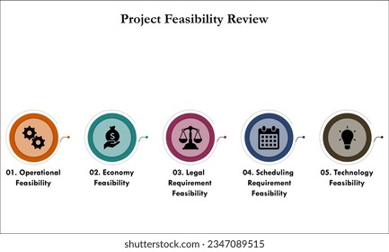 Revisión de viabilidad del proyecto con iconos en una plantilla infográfica