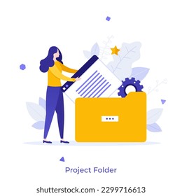 Project Folder flat concept vector illustration. Programmer inserting file into storage cartoon. Data processing isoleted character for web design. Creative idea for website, mobile and presentation