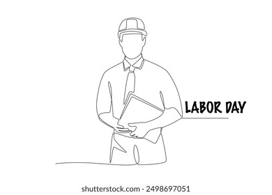 Capataz del proyecto sosteniendo la computadora portátil. Dibujo de una línea del concepto del día del trabajo