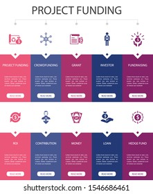 project funding Infographic 10 steps UI design.crowdfunding, grant, fundraising, contribution simple icons