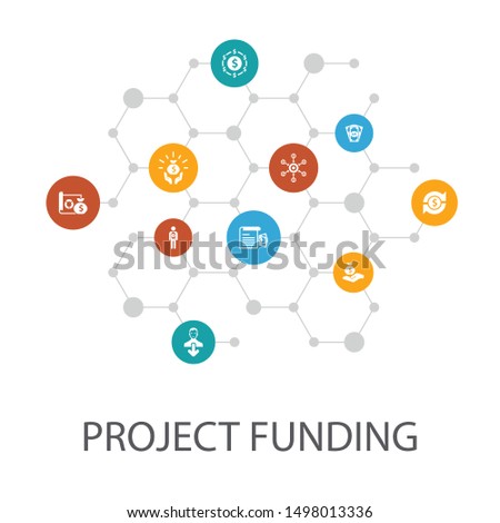 project funding presentation template, cover layout and infographics. crowdfunding, grant, fundraising, icons