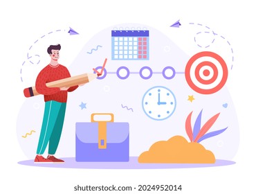 Project goal tracking. Developing plan for success at work. Gradual progress and movement towards goal. Concept ompleted tasks in project. Cartoon vector illustration isolated on white background