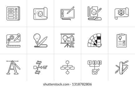 Conjunto de iconos de doodle dibujado a mano de diseño gráfico y de proyecto. Juego de iconos de dibujo para imprimir, web, móvil e infografía. Ilustración de esbozo del vector de estrategia aislada en fondo blanco.