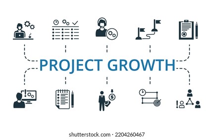 Project Growth set icon. Editable icons project growth theme such as salary, workflow, support agent and more.