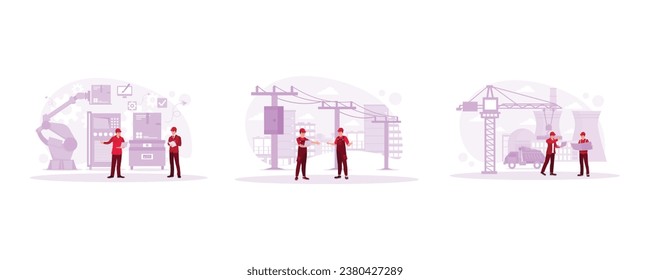 Project head holding laptop. Two electrical engineers were standing near a power plant. In a heavy industrial manufacturing plant. Engineering concept. Set Trend Modern vector flat illustration