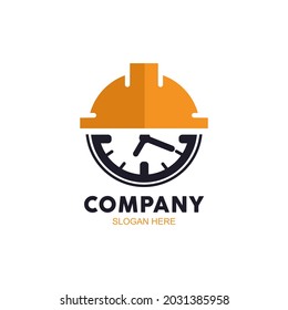 project helmet logo and timer clock. construction helmet vector illustration with timer