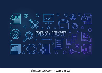 Project horizontal colored outline banner. Vector business illustration in thin line style on dark background