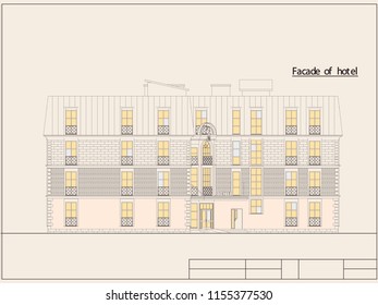 The project of the hotel with apartments, 3D, facade, CAD. Vector