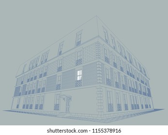 The project of the hotel with apartments, 3D, perspective, CAD. Vector