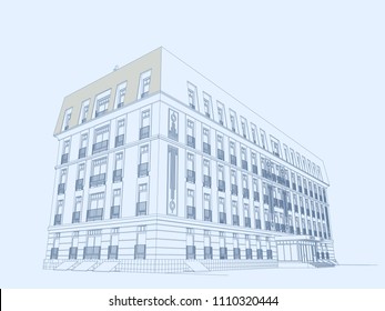 The project of the hotel with apartments and cafes, 3D, perspective, CAD. Vector