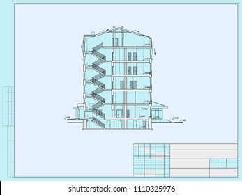 The project of the hotel with apartments and cafes, cross section of the building.Vector