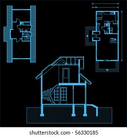 project of house in black-and-blue color. detailed project (You can specify the thickness of the lines of the drawing, directly how you need it)