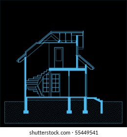 project of house in black-and-blue color. elevation of building (You can specify the thickness of the lines of the drawing, directly how you need it)