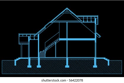 project of house in black-and-blue color. elevation of building (You can specify the thickness of the lines of the drawing, directly how you need it)