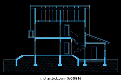 project of house in black-and-blue color. elevation of building (You can specify the thickness of the lines of the drawing, directly how you need it)