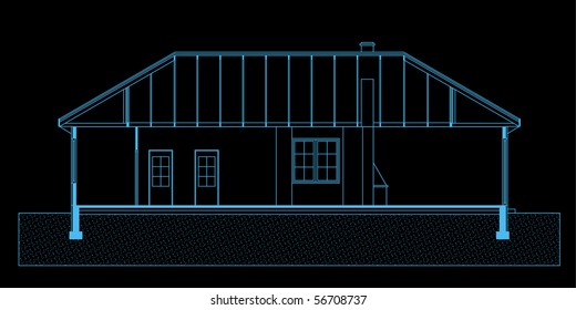 project of house in black-and-blue color. elevation of building (You can specify the thickness of the lines of the drawing, directly how you need it)