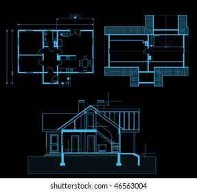 project of house in black-and-blue color. fasade, groundfloor, garret