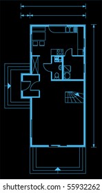 project of house in black-and-blue color. ground floor (You can specify the thickness of the lines of the drawing, directly how you need it)