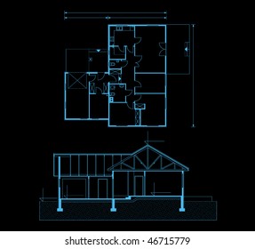 project of house in black-and-blue color. house for one family