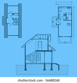 project of house in blue color. detailed project (You can specify the thickness of the lines of the drawing, directly how you need it)