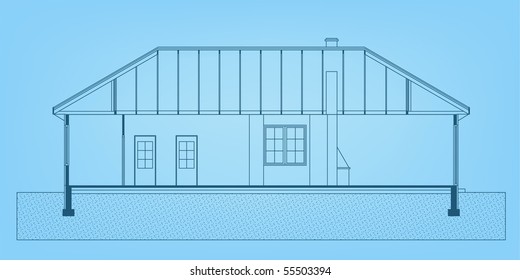 project of house in blue color. elevation of building (You can specify the thickness of the lines of the drawing, directly how you need it)