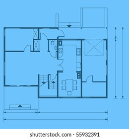 project of house in blue color. ground floor (You can specify the thickness of the lines of the drawing, directly how you need it)