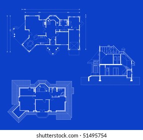 project of house in blue-and-white color. house for big family