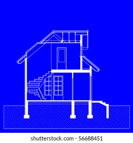 project of house in blue-and-white color. elevation of building (You can specify the thickness of the lines of the drawing, directly how you need it)