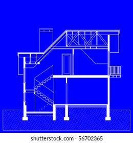 project of house in blue-and-white color. elevation of building (You can specify the thickness of the lines of the drawing, directly how you need it)
