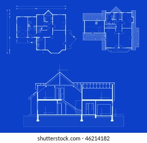 project of house in blue-and-white color. groundfloor, garret, fasade