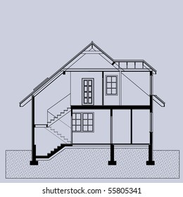 project of house in gray color. elevation of building (You can specify the thickness of the lines of the drawing, directly how you need it)